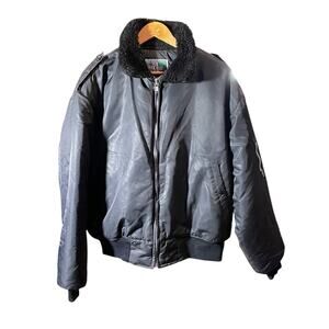 Vintage Timberking Black Satin Bomber Jacket Faux Fur Collar XL
